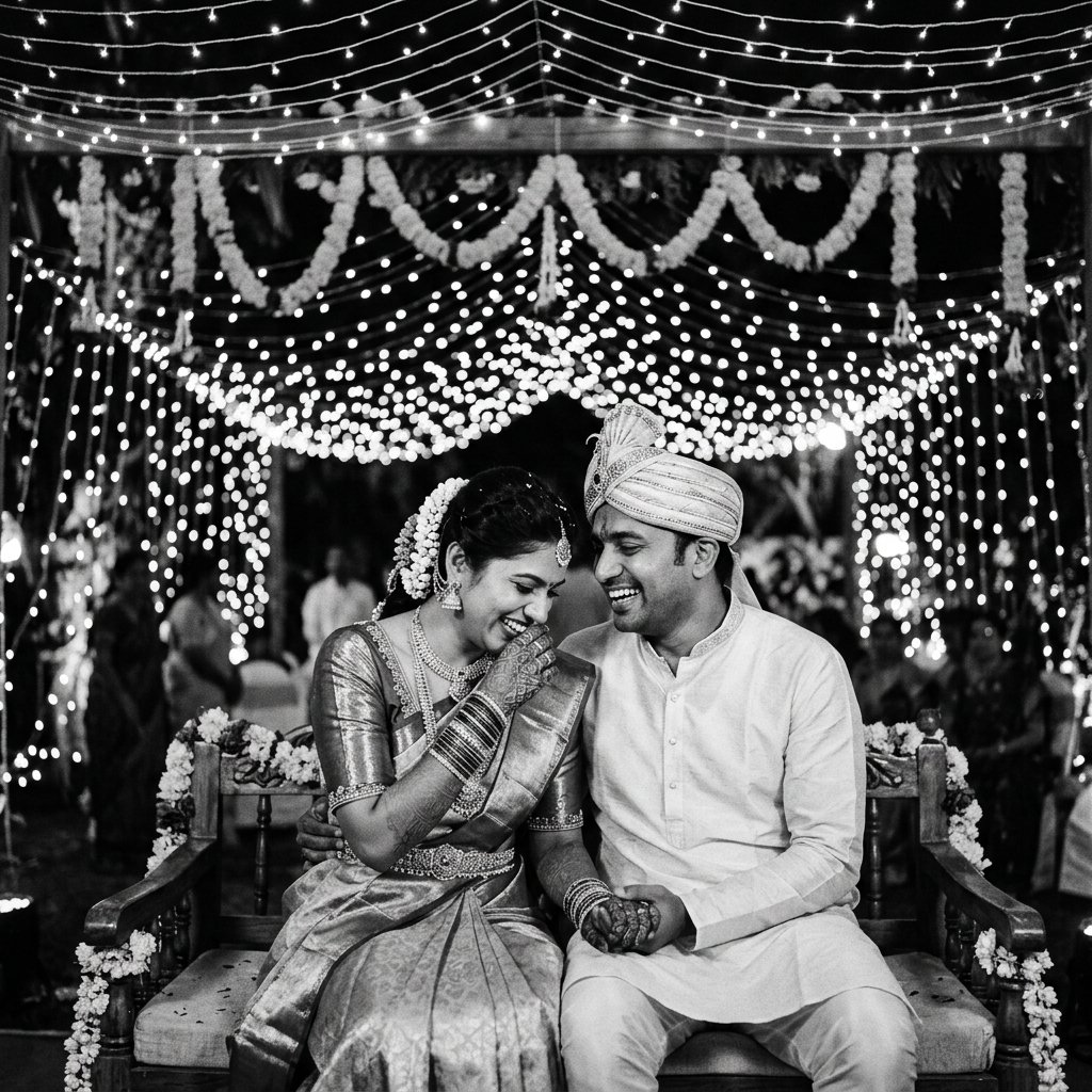 Wedding couple under warm lights